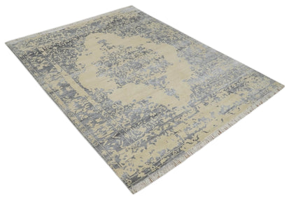 8x10 Beige, Charcoal and Silver Traditional Medallion Hand Knotted Wool and Bamboo Silk Area Rug - Nuvé