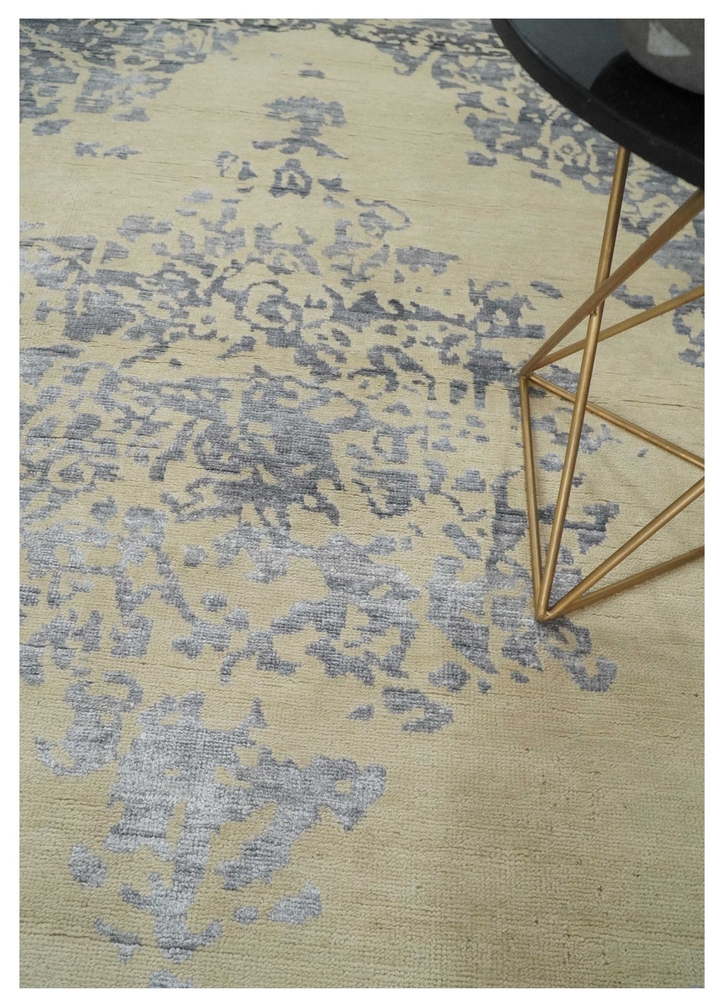 8x10 Beige, Charcoal and Silver Traditional Medallion Hand Knotted Wool and Bamboo Silk Area Rug - Nuvé