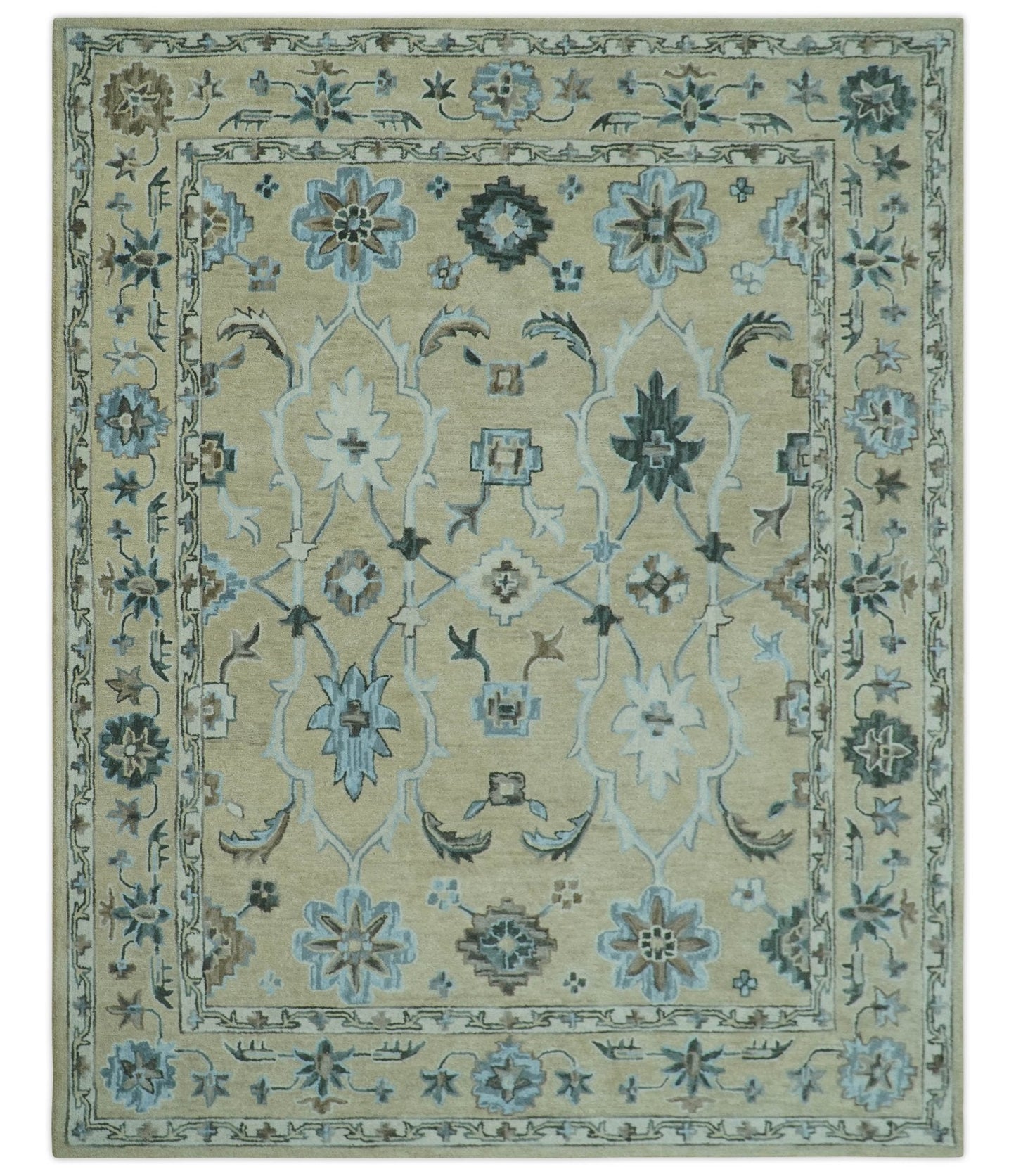 8x10 Beige, Ivory and Blue Hand Tufted Floral Oriental Oushak wool area rug - Nuvé