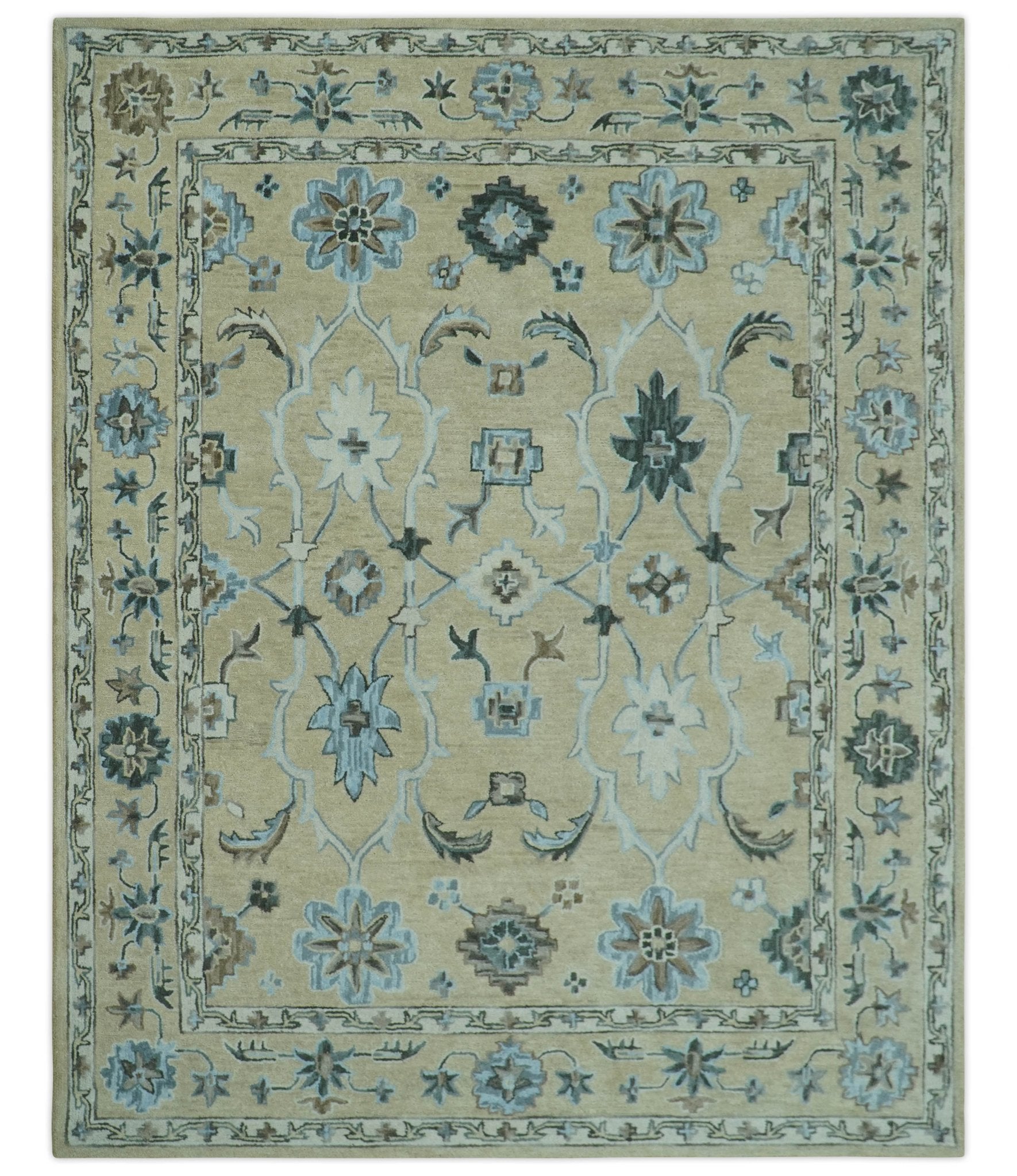 8x10 Beige, Ivory and Blue Hand Tufted Floral Oriental Oushak wool area rug - Nuvé
