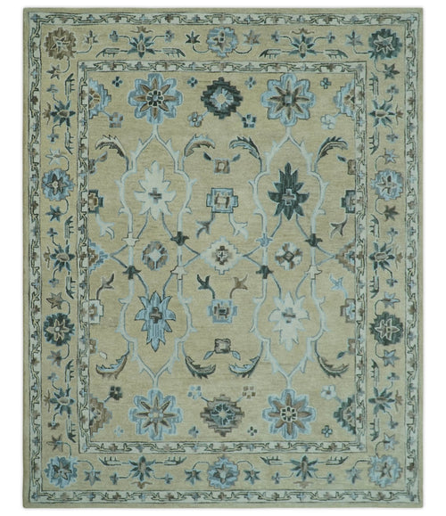 8x10 Beige, Ivory and Blue Hand Tufted Floral Oriental Oushak wool area rug - Nuvé
