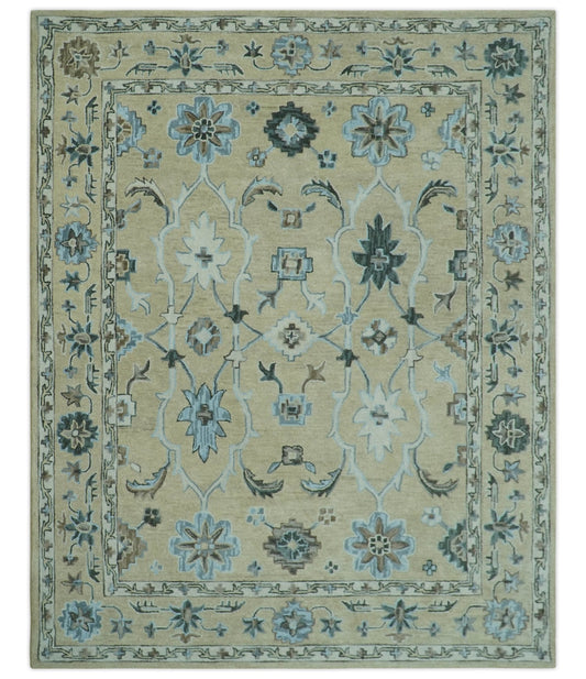 8x10 Beige, Ivory and Blue Hand Tufted Floral Oriental Oushak wool area rug - Nuvé