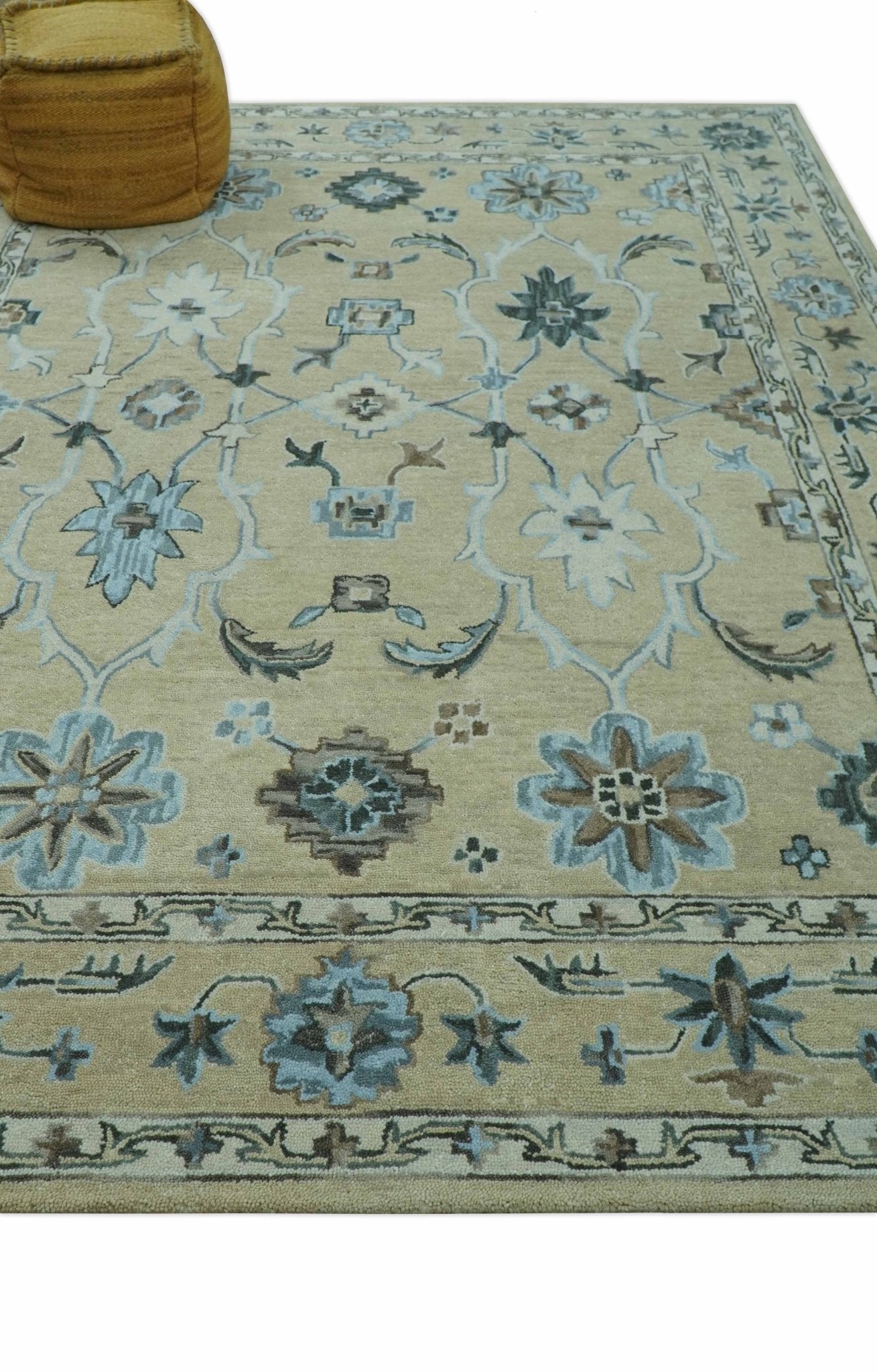 8x10 Beige, Ivory and Blue Hand Tufted Floral Oriental Oushak wool area rug - Nuvé