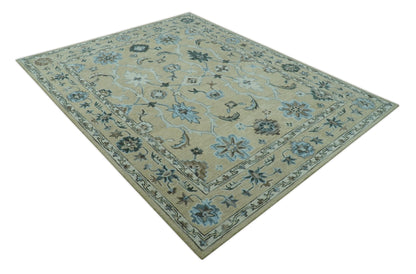 8x10 Beige, Ivory and Blue Hand Tufted Floral Oriental Oushak wool area rug - Nuvé