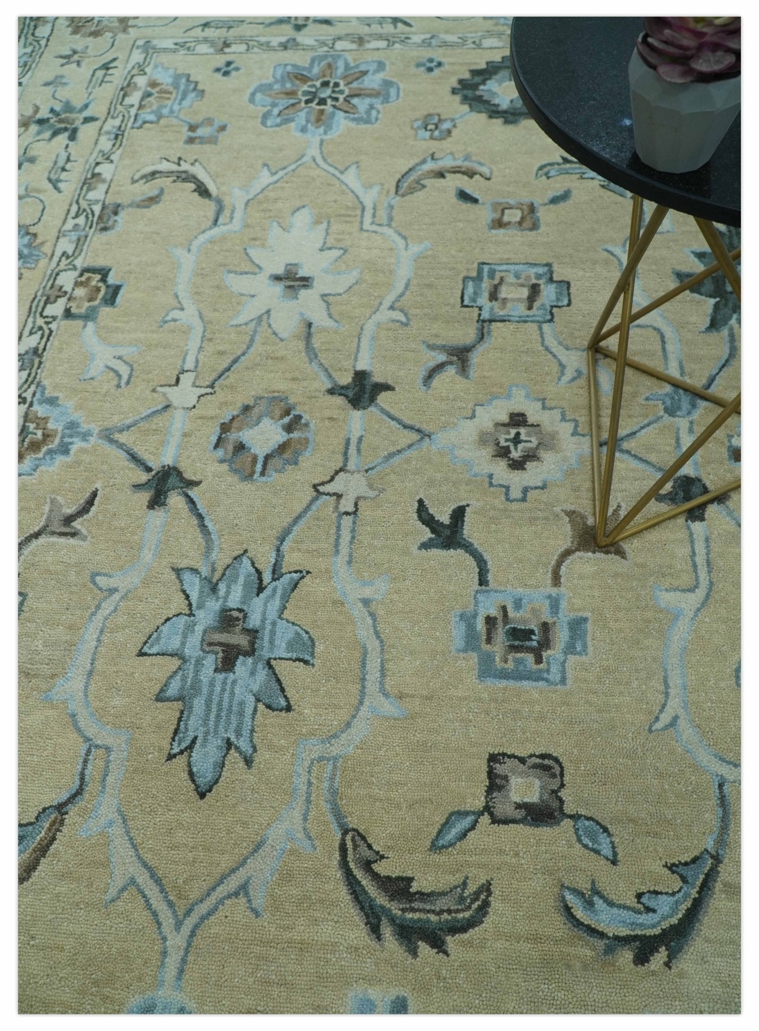 8x10 Beige, Ivory and Blue Hand Tufted Floral Oriental Oushak wool area rug - Nuvé