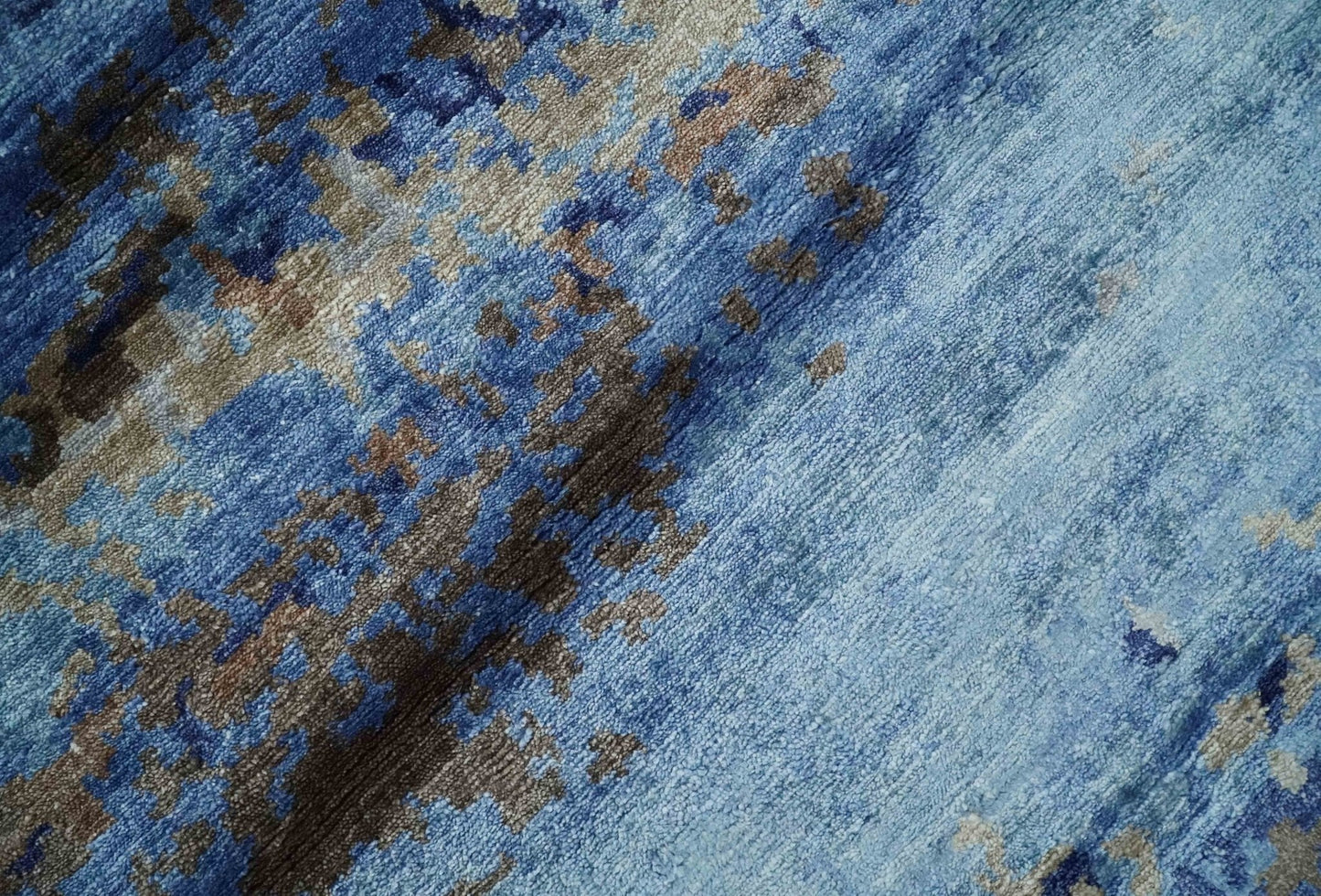 8x10 Blue, Beige and Brown Modern Abstract Hand Knotted wool and bamboo Silk Area Rug - Nuvé
