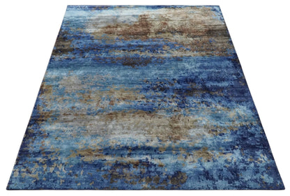 8x10 Blue, Beige and Brown Modern Abstract Hand Knotted wool and bamboo Silk Area Rug - Nuvé