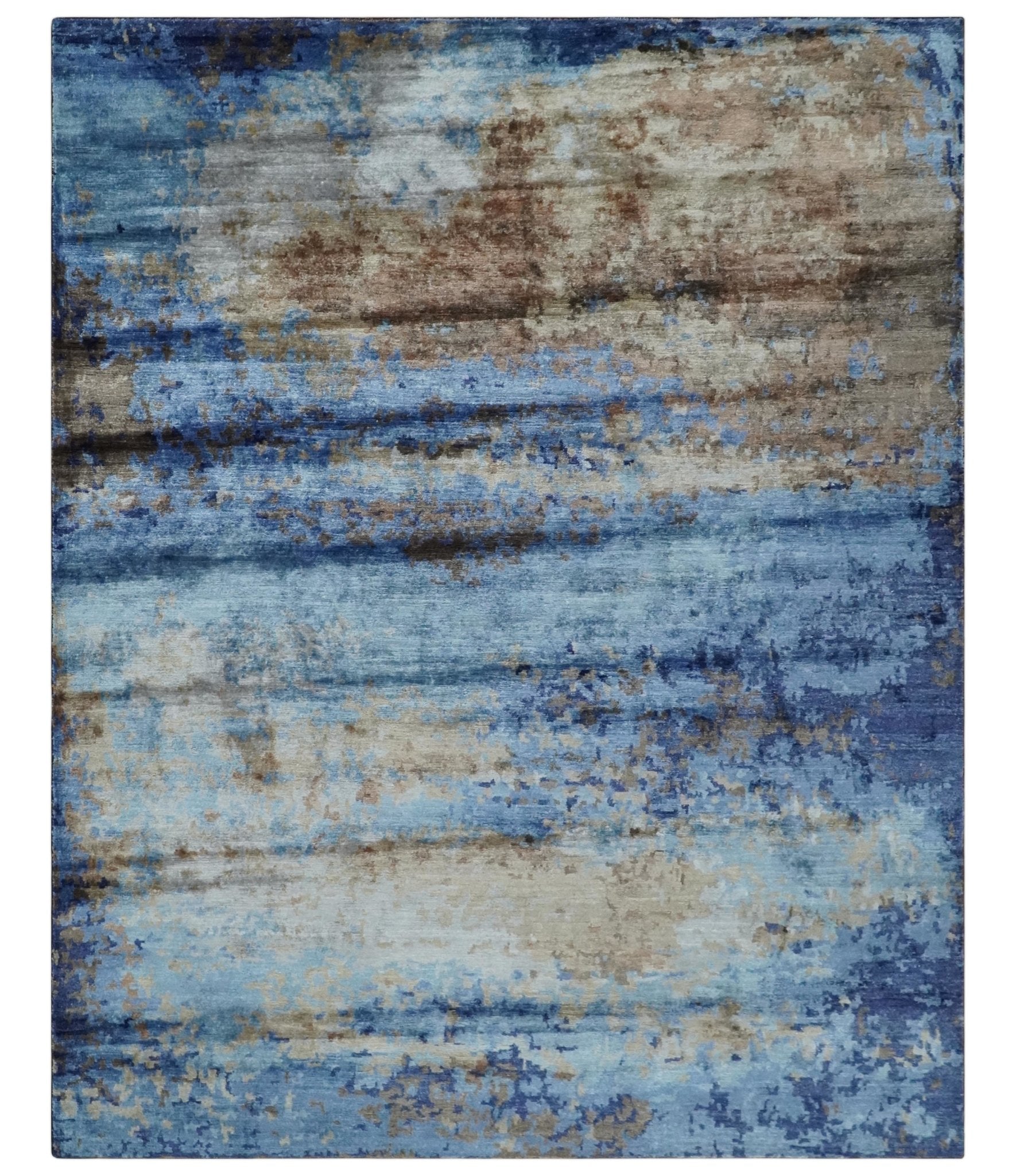 8x10 Blue, Beige and Brown Modern Abstract Hand Knotted wool and bamboo Silk Area Rug - Nuvé