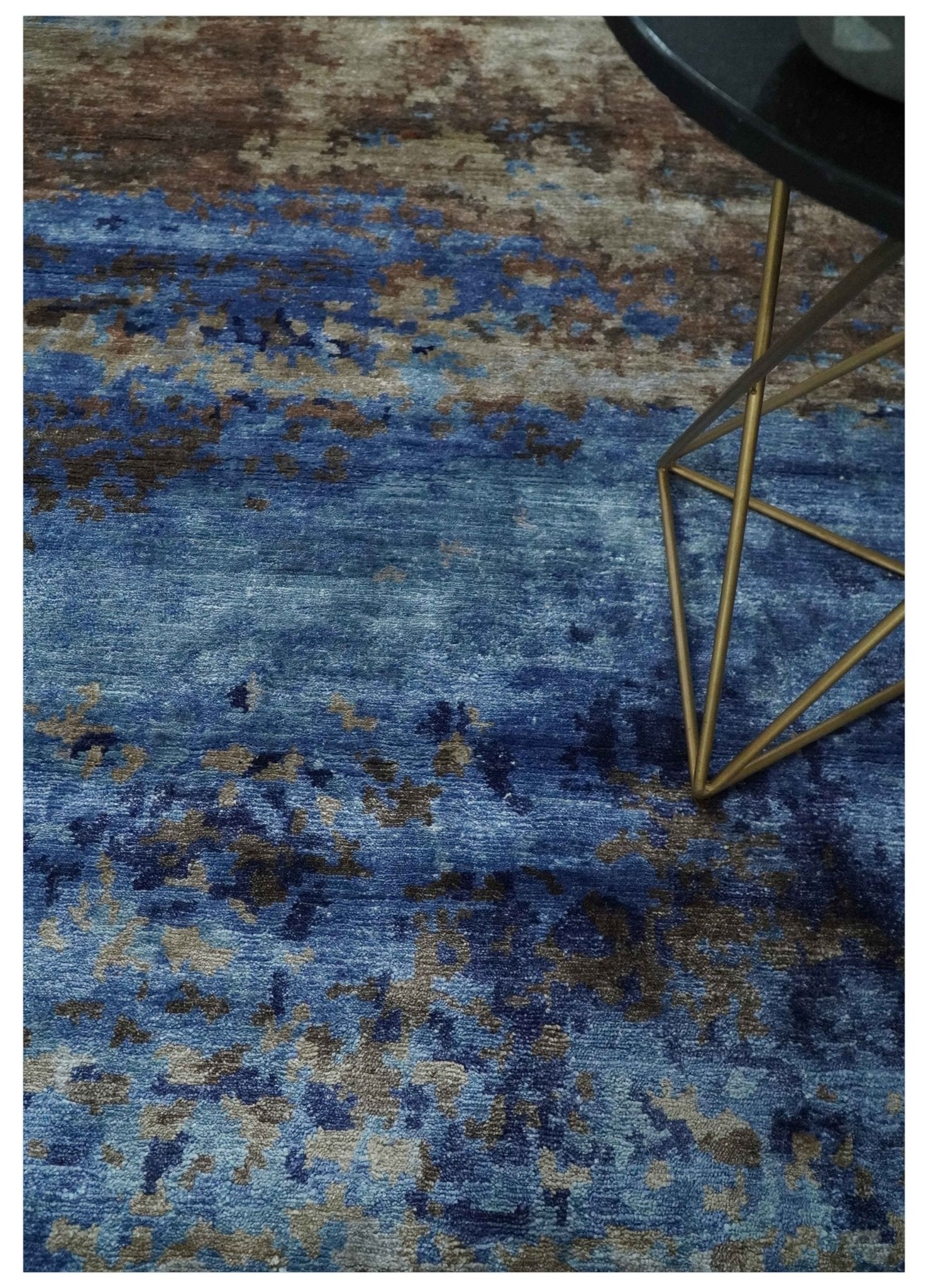 8x10 Blue, Beige and Brown Modern Abstract Hand Knotted wool and bamboo Silk Area Rug - Nuvé