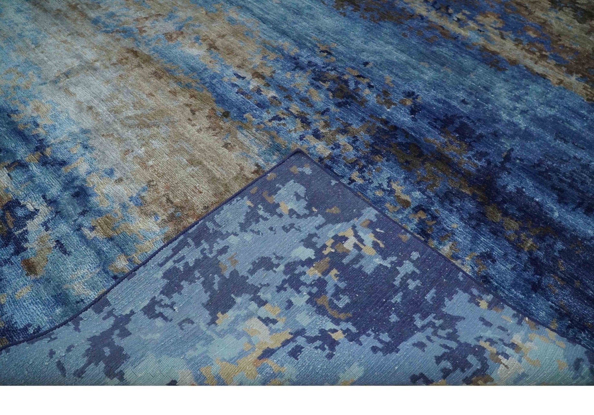8x10 Blue, Beige and Brown Modern Abstract Hand Knotted wool and bamboo Silk Area Rug - Nuvé