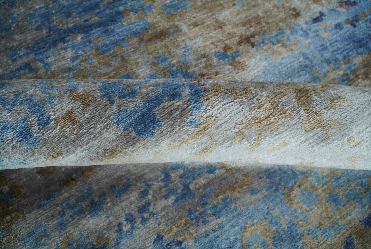 8x10 Blue, Beige and Brown Modern Abstract Hand Knotted wool and bamboo Silk Area Rug - Nuvé