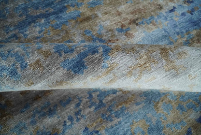 8x10 Blue, Beige and Brown Modern Abstract Hand Knotted wool and bamboo Silk Area Rug - Nuvé