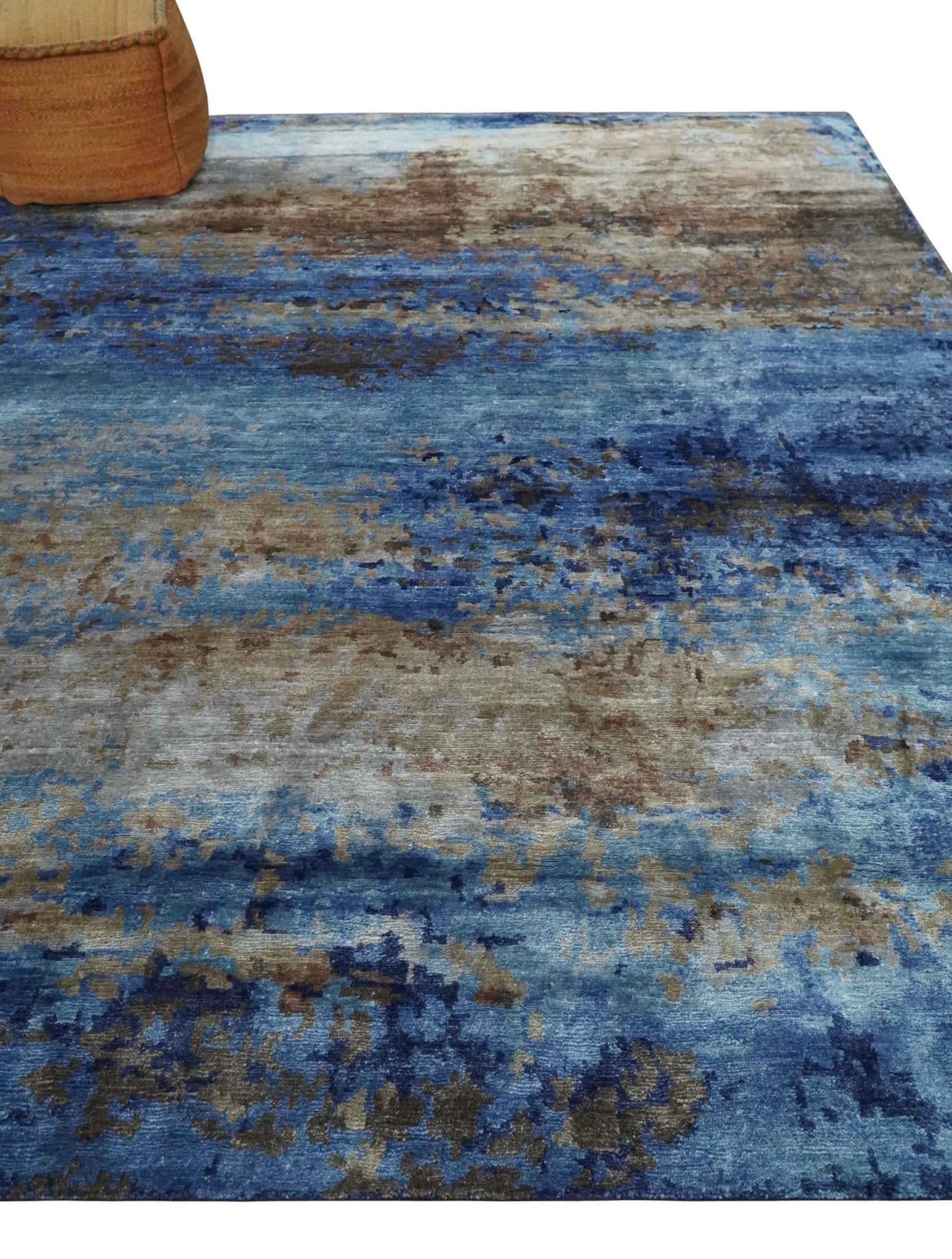 8x10 Blue, Beige and Brown Modern Abstract Hand Knotted wool and bamboo Silk Area Rug - Nuvé