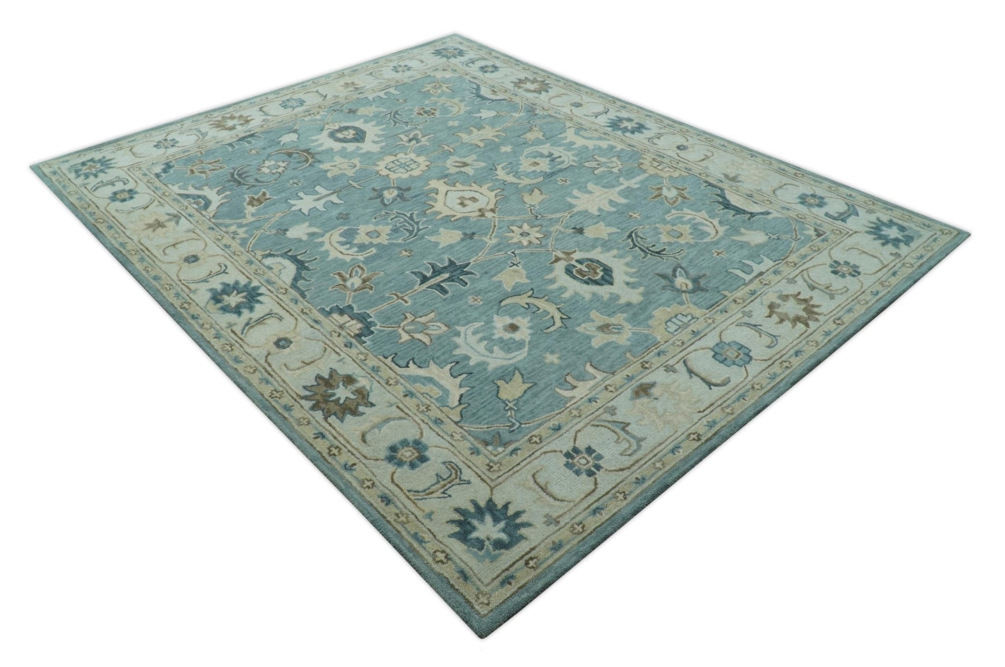 8x10 Blue, Ivory and Beige Hand Tufted Oriental Oushak wool area rug - Nuvé