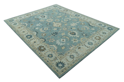 8x10 Blue, Ivory and Beige Hand Tufted Oriental Oushak wool area rug - Nuvé