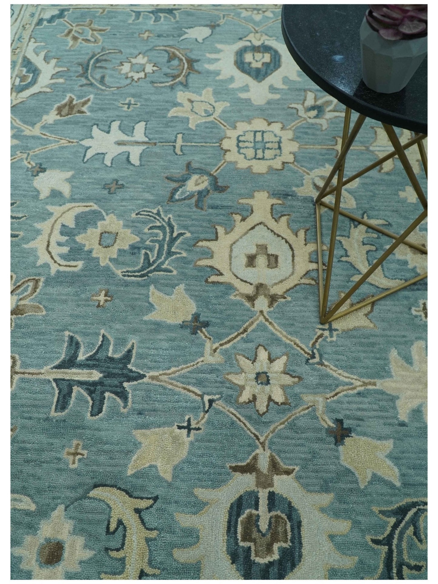8x10 Blue, Ivory and Beige Hand Tufted Oriental Oushak wool area rug - Nuvé