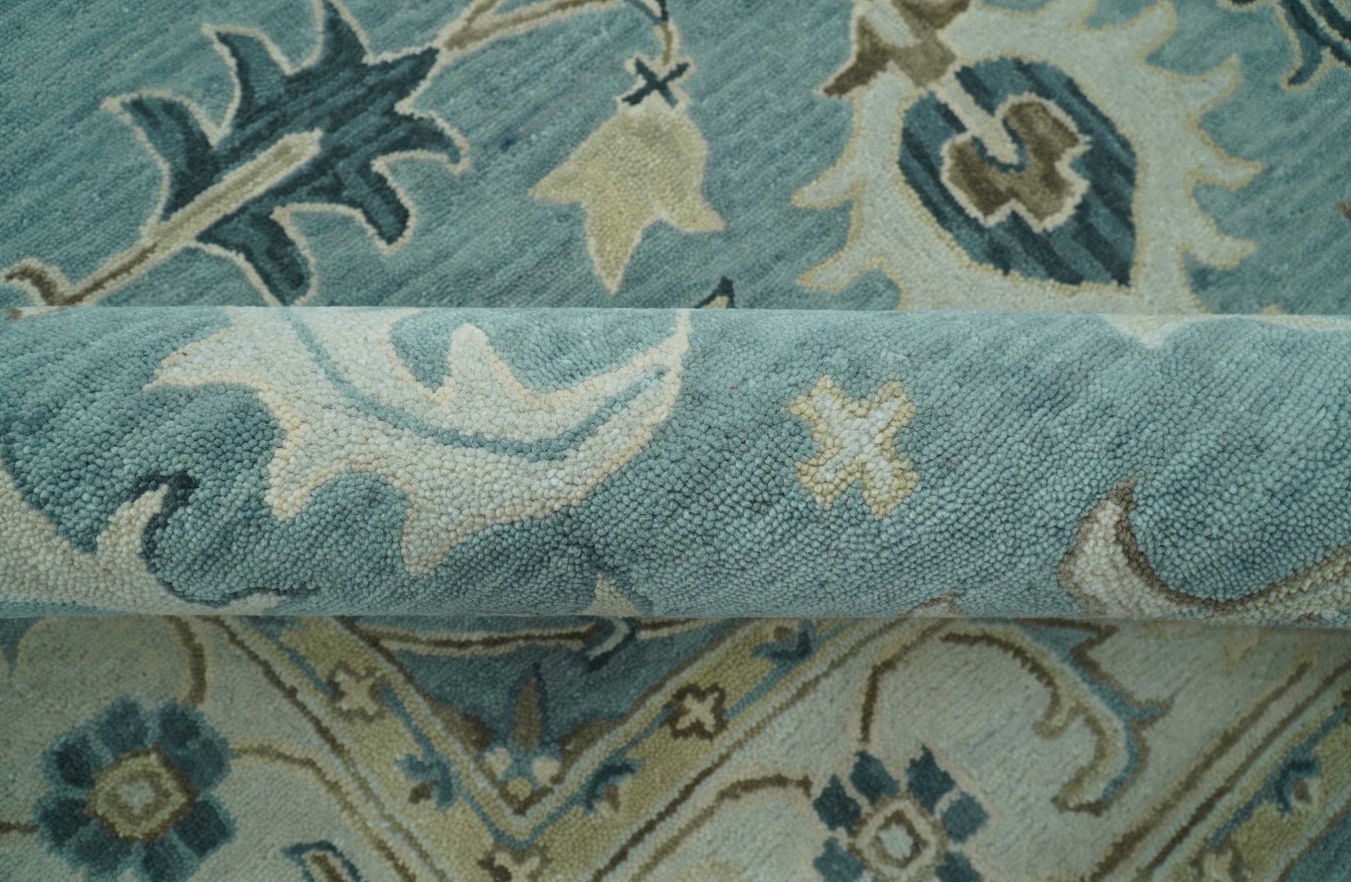 8x10 Blue, Ivory and Beige Hand Tufted Oriental Oushak wool area rug - Nuvé