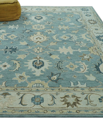 8x10 Blue, Ivory and Beige Hand Tufted Oriental Oushak wool area rug - Nuvé