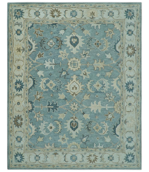 8x10 Blue, Ivory and Beige Hand Tufted Oriental Oushak wool area rug - Nuvé