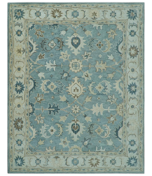8x10 Blue, Ivory and Beige Hand Tufted Oriental Oushak wool area rug - Nuvé