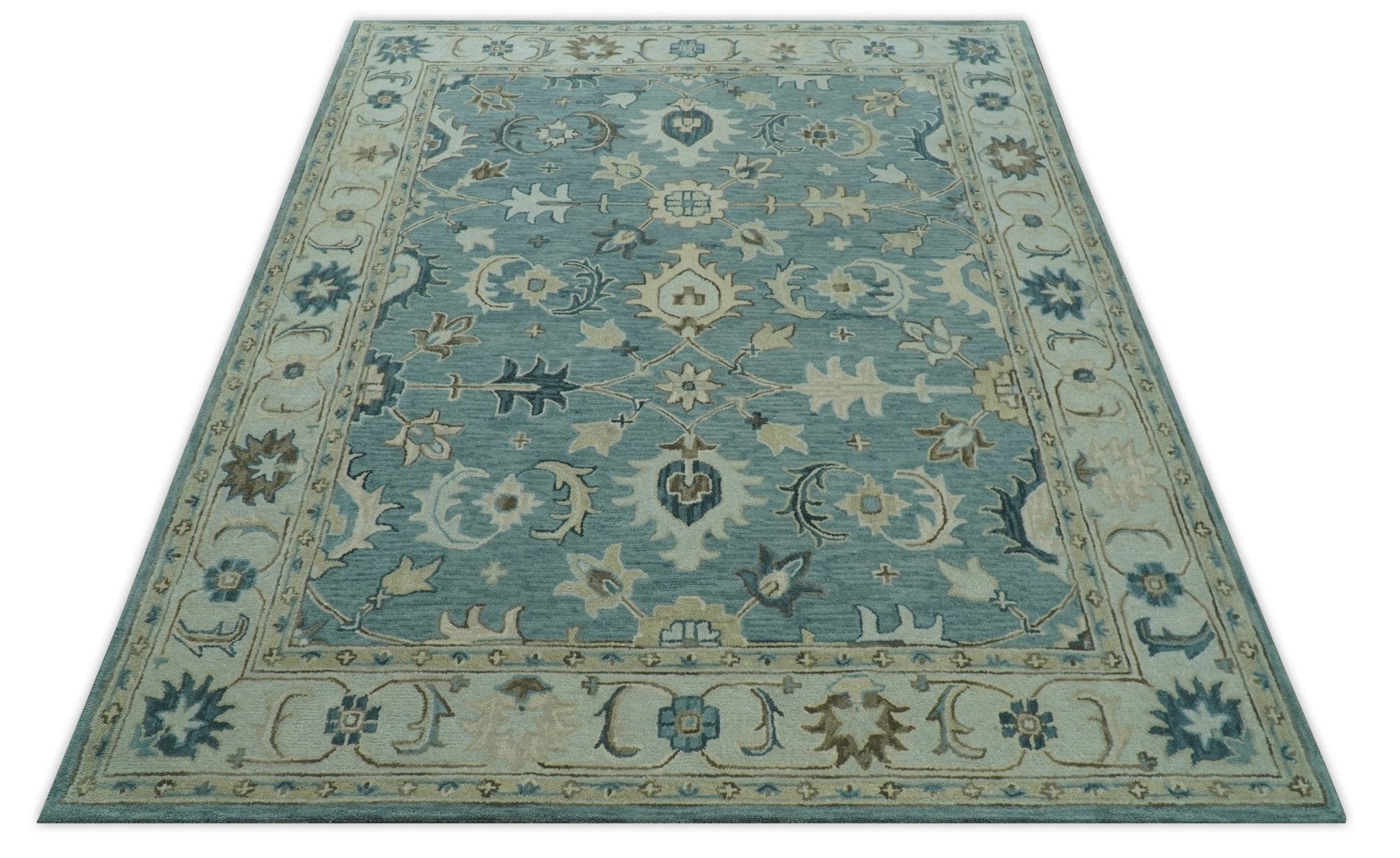 8x10 Blue, Ivory and Beige Hand Tufted Oriental Oushak wool area rug - Nuvé