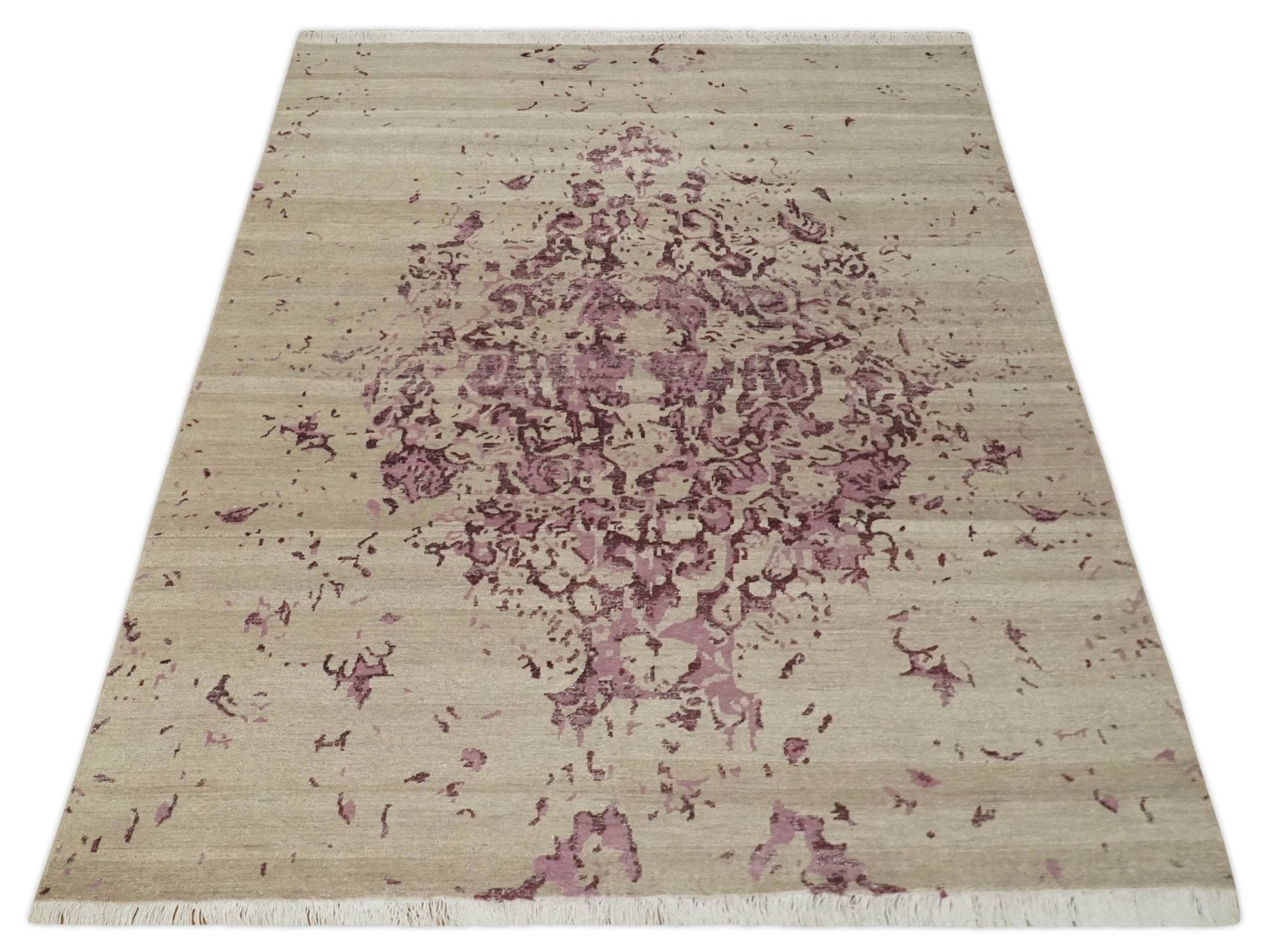 8x10 Camel and Purple Antique Style, Abstract Hand Knotted Low pile Wool Area Rug - Nuvé