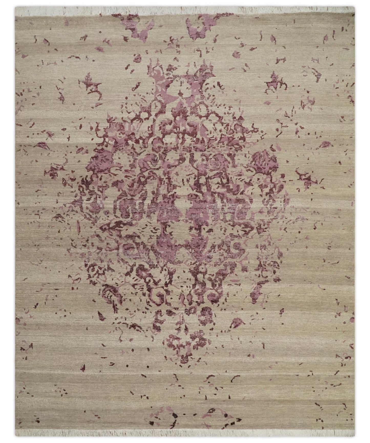 8x10 Camel and Purple Antique Style, Abstract Hand Knotted Low pile Wool Area Rug - Nuvé