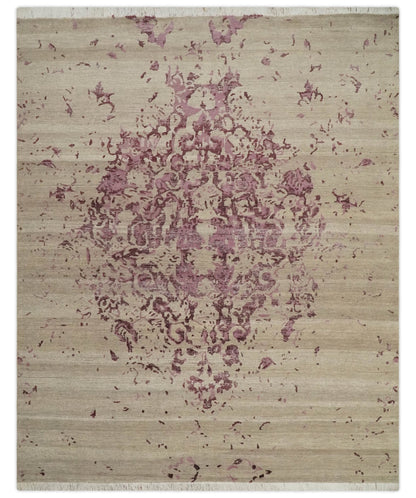 8x10 Camel and Purple Antique Style, Abstract Hand Knotted Low pile Wool Area Rug - Nuvé