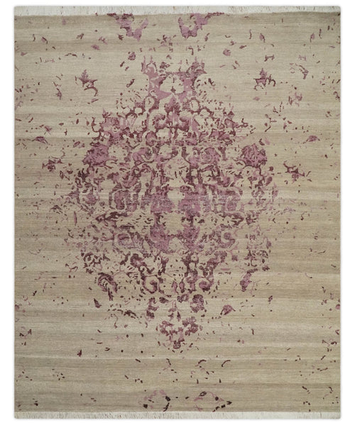 8x10 Camel and Purple Antique Style, Abstract Hand Knotted Low pile Wool Area Rug - Nuvé