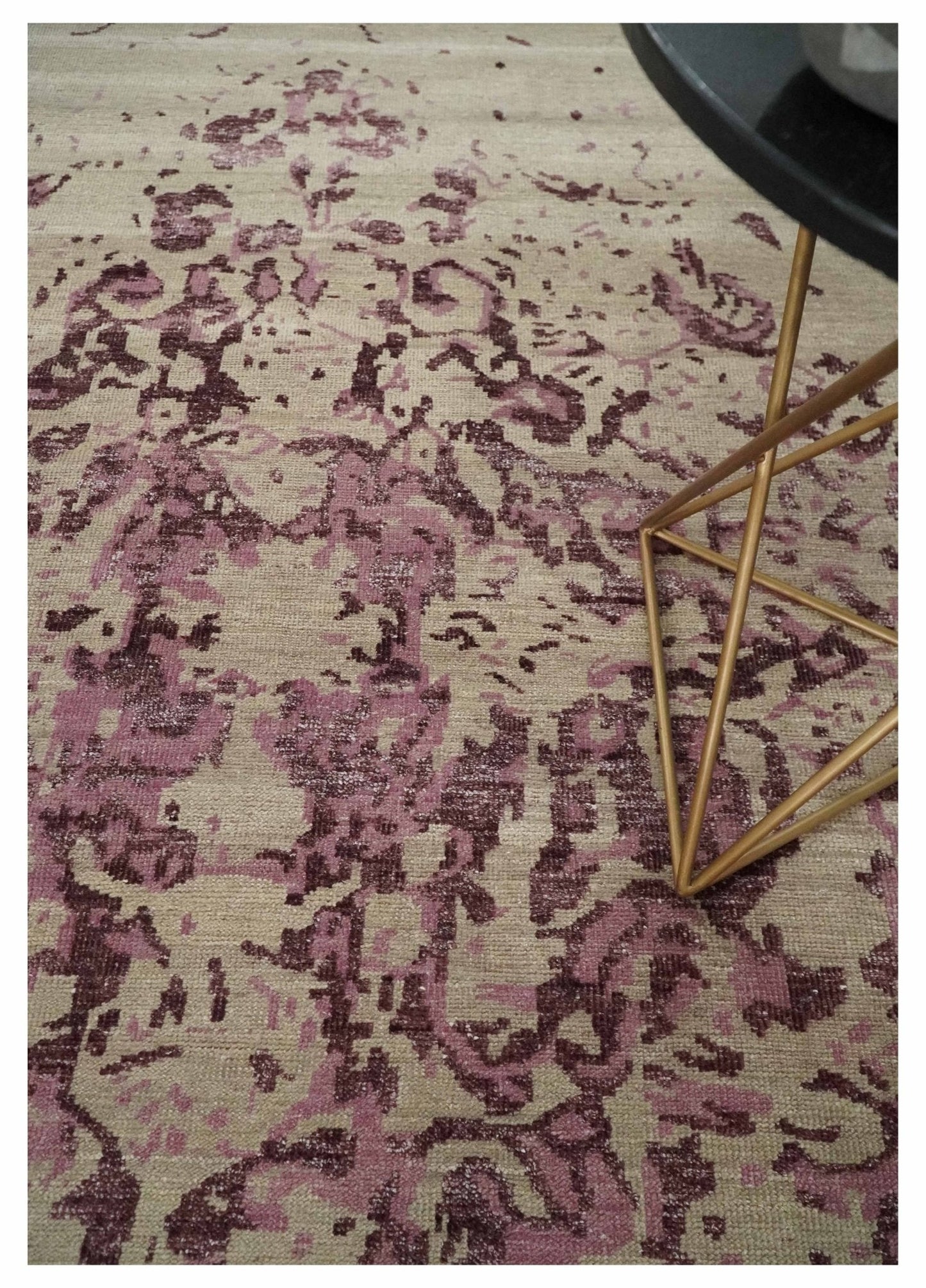 8x10 Camel and Purple Antique Style, Abstract Hand Knotted Low pile Wool Area Rug - Nuvé