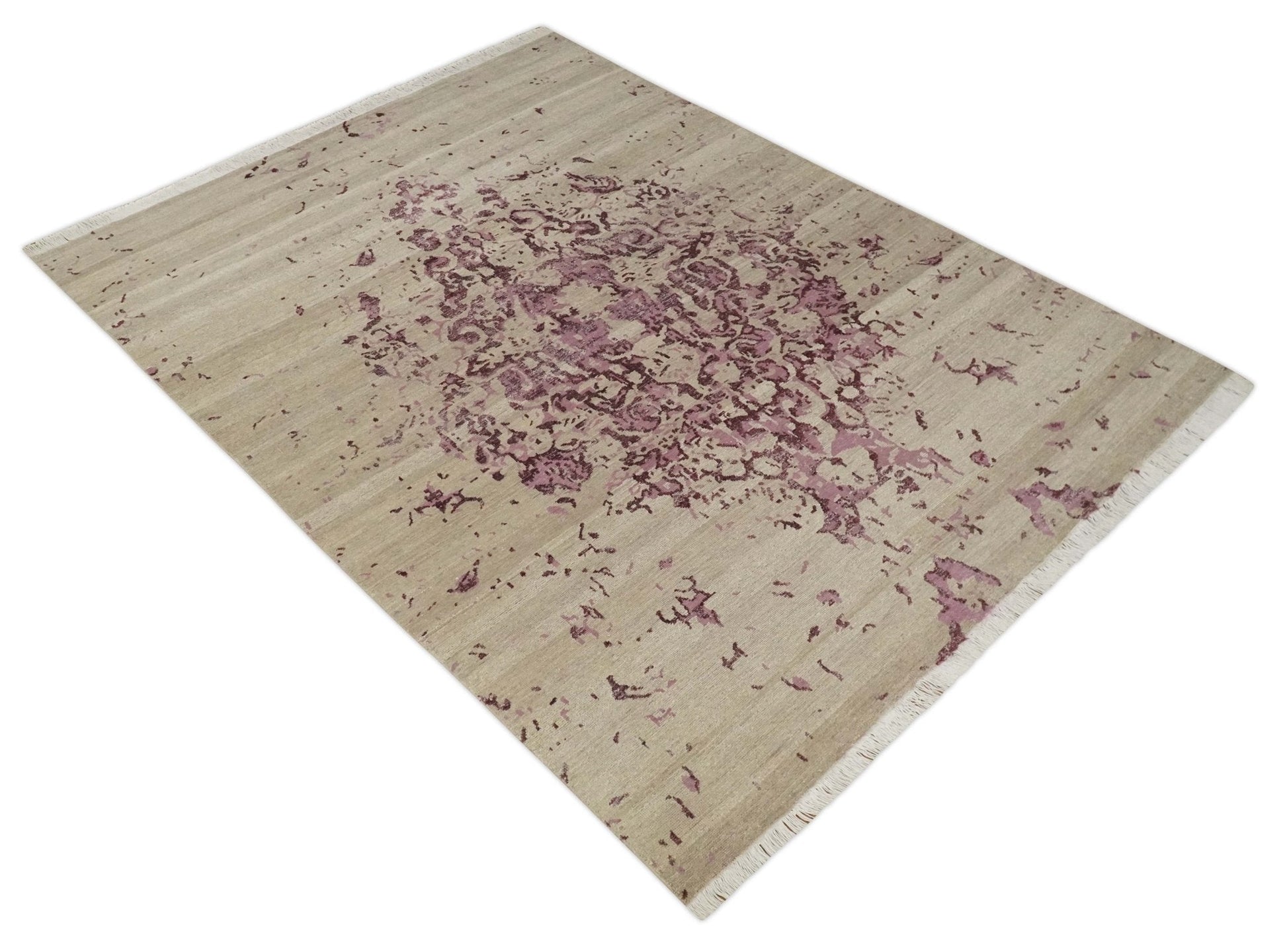 8x10 Camel and Purple Antique Style, Abstract Hand Knotted Low pile Wool Area Rug - Nuvé