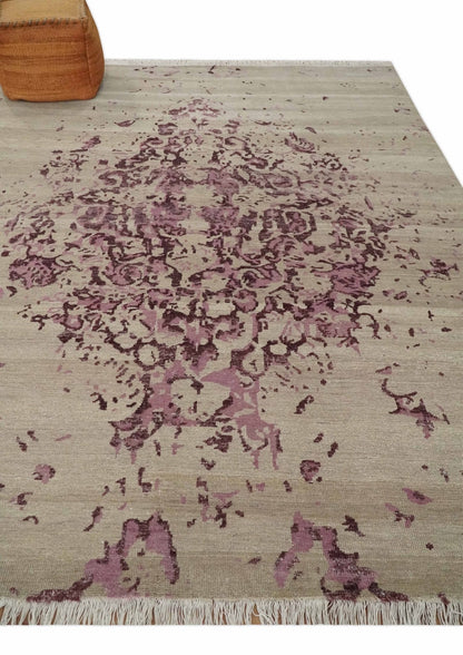 8x10 Camel and Purple Antique Style, Abstract Hand Knotted Low pile Wool Area Rug - Nuvé
