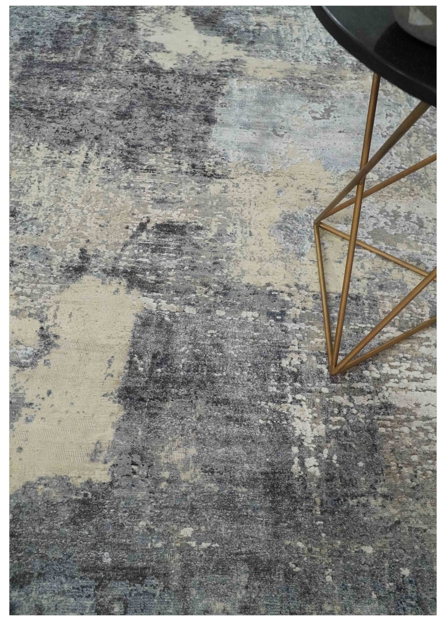 8x10 Charcoal, Beige and Gray Modern Abstract Distressed Finish High Low texture Hand Knotted Rug - Nuvé