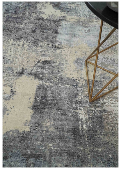 8x10 Charcoal, Beige and Gray Modern Abstract Distressed Finish High Low texture Hand Knotted Rug - Nuvé