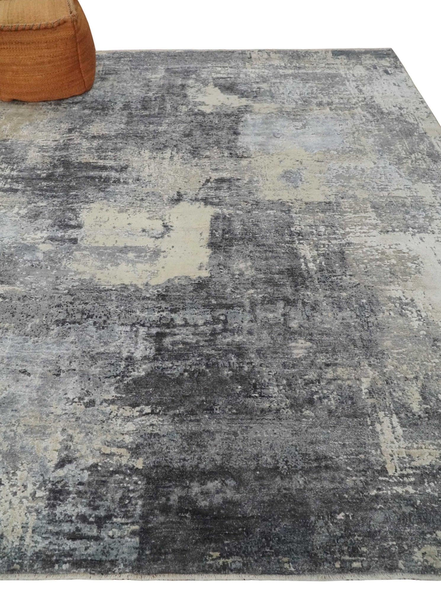 8x10 Charcoal, Beige and Gray Modern Abstract Distressed Finish High Low texture Hand Knotted Rug - Nuvé
