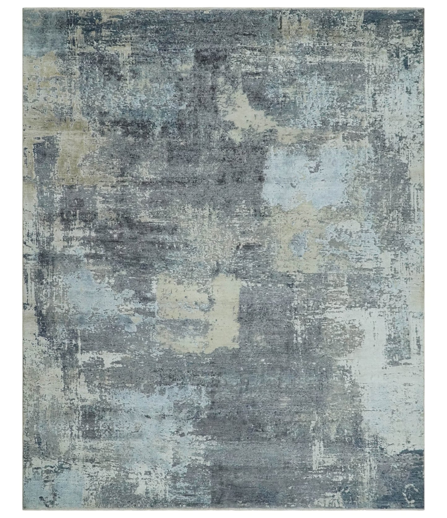 8x10 Charcoal, Beige and Gray Modern Abstract Distressed Finish High Low texture Hand Knotted Rug - Nuvé