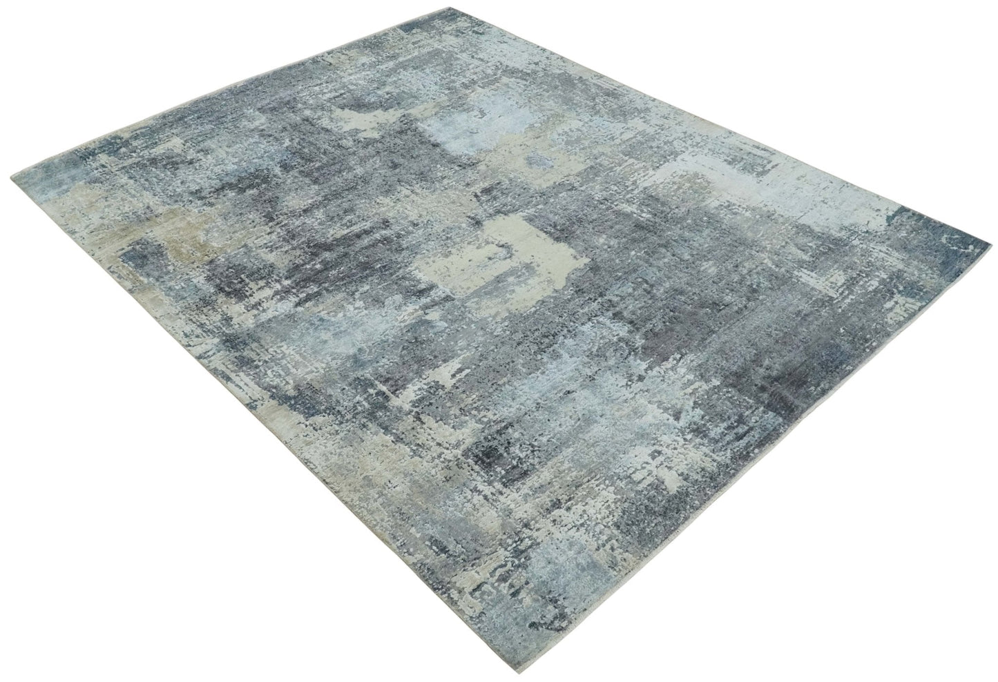 8x10 Charcoal, Beige and Gray Modern Abstract Distressed Finish High Low texture Hand Knotted Rug - Nuvé