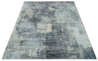 8x10 Charcoal, Beige and Gray Modern Abstract Distressed Finish High Low texture Hand Knotted Rug - Nuvé
