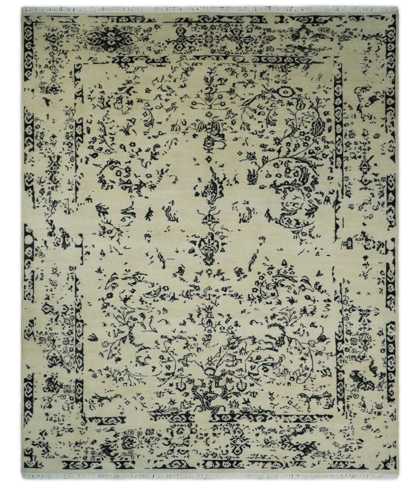 8x10 Fine Hand Knotted Beige and Black Traditional Vintage Persian Antique Wool Rug | AGR35 - Nuvé