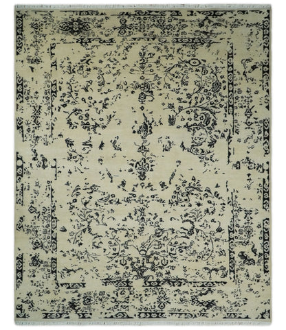 8x10 Fine Hand Knotted Beige and Black Traditional Vintage Persian Antique Wool Rug | AGR35 - Nuvé