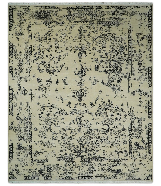 8x10 Fine Hand Knotted Beige and Black Traditional Vintage Persian Antique Wool Rug | AGR35 - Nuvé