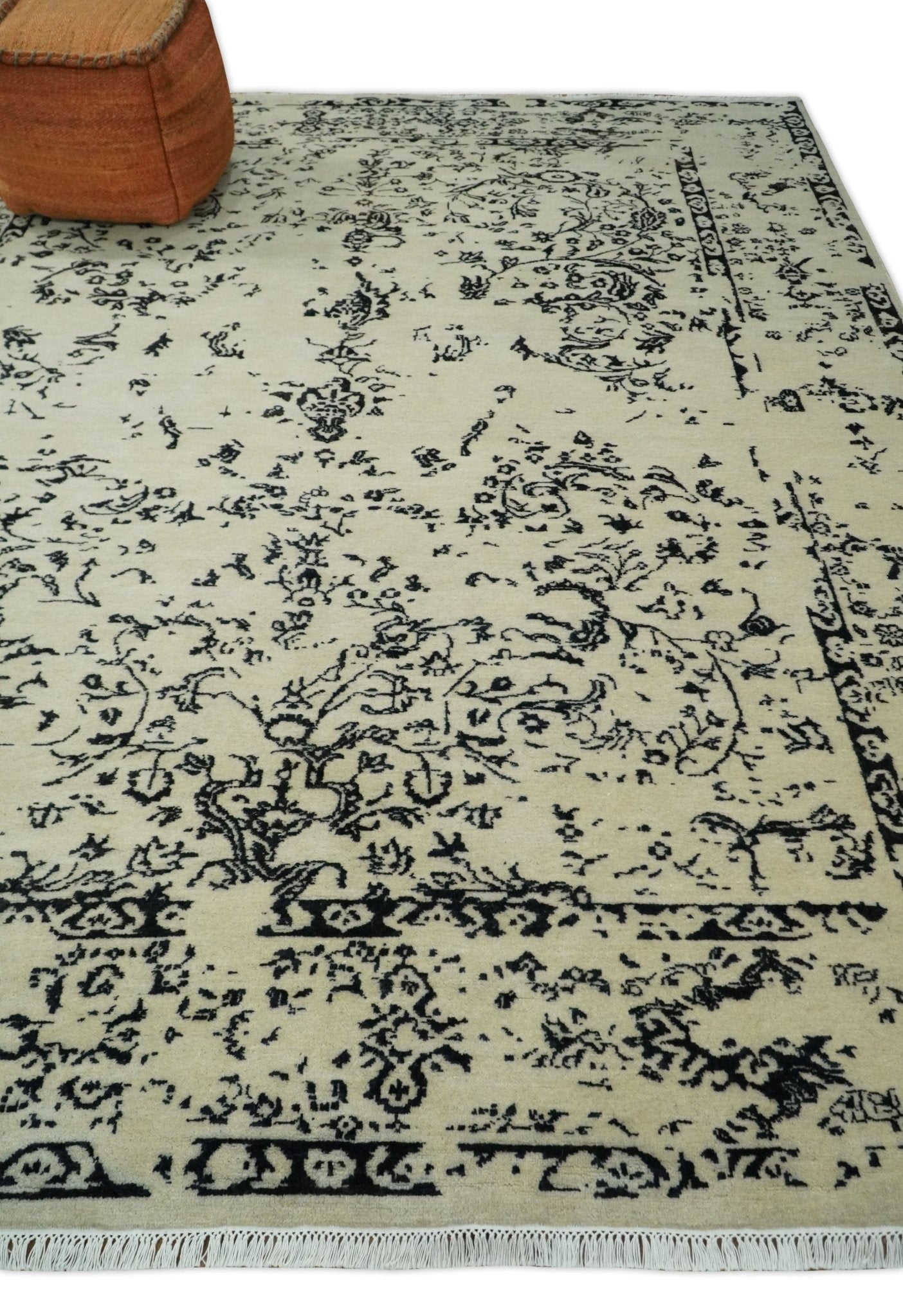 8x10 Fine Hand Knotted Beige and Black Traditional Vintage Persian Antique Wool Rug | AGR35 - Nuvé