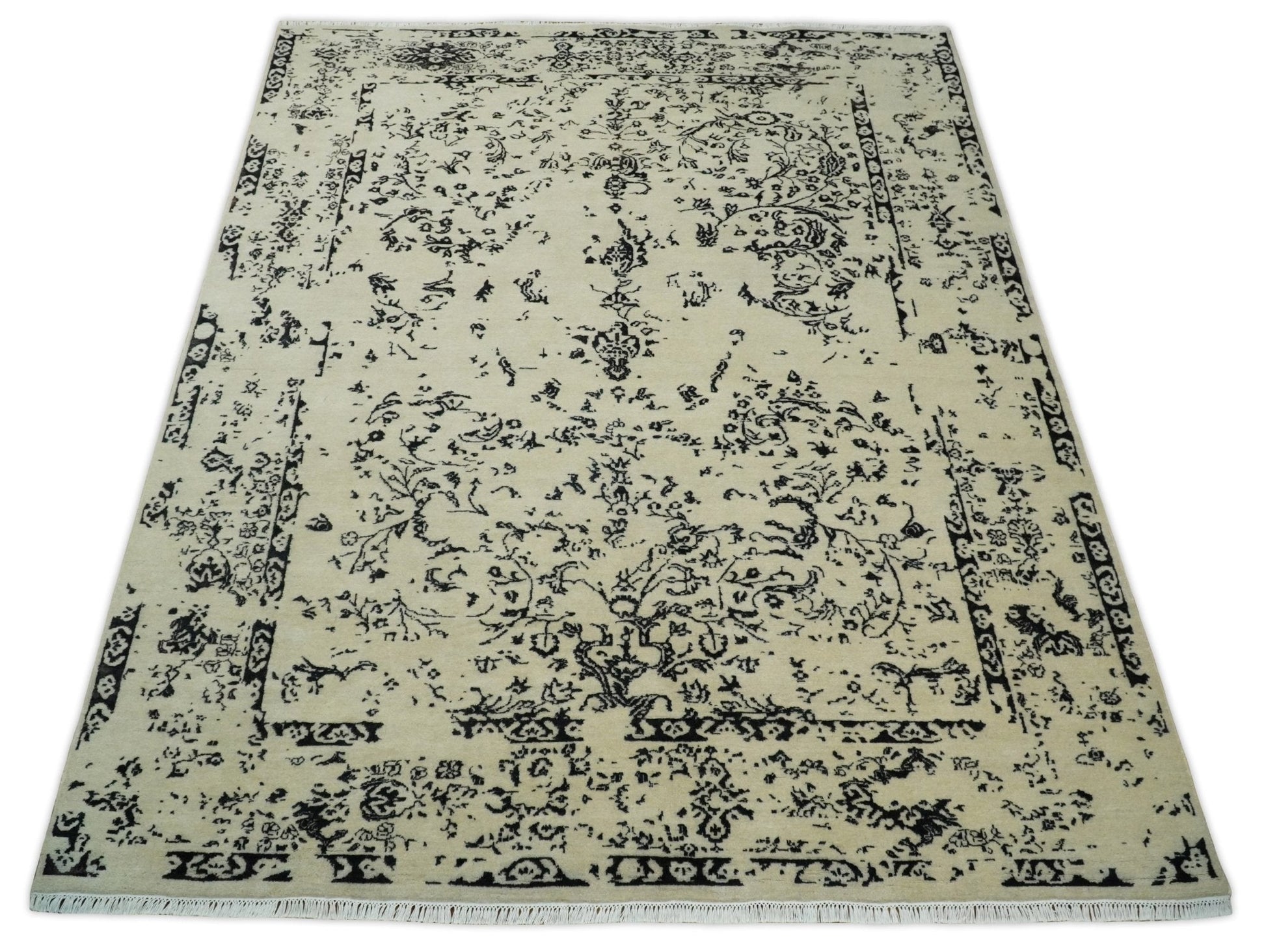 8x10 Fine Hand Knotted Beige and Black Traditional Vintage Persian Antique Wool Rug | AGR35 - Nuvé