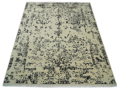 8x10 Fine Hand Knotted Beige and Black Traditional Vintage Persian Antique Wool Rug | AGR35 - Nuvé