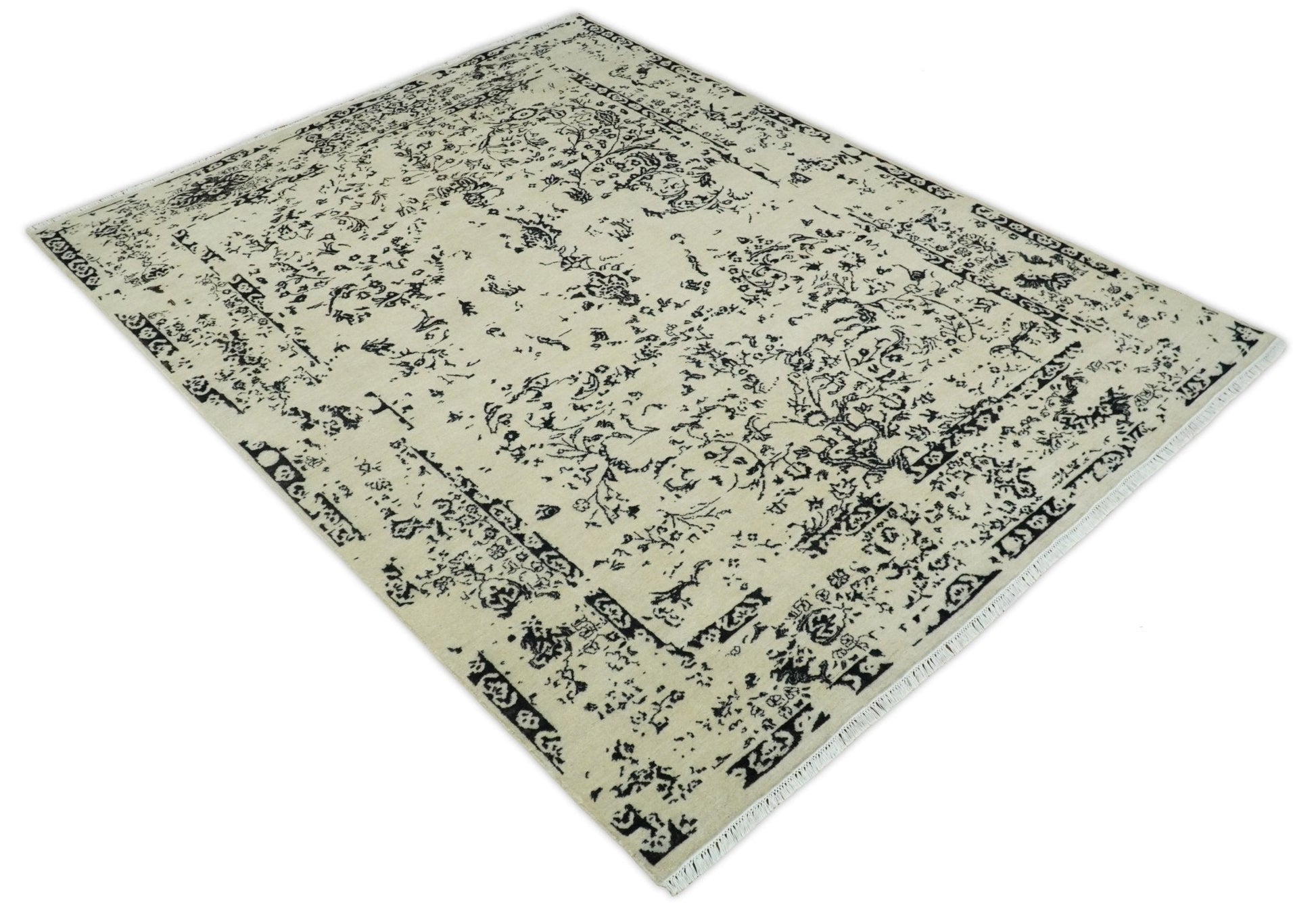 8x10 Fine Hand Knotted Beige and Black Traditional Vintage Persian Antique Wool Rug | AGR35 - Nuvé
