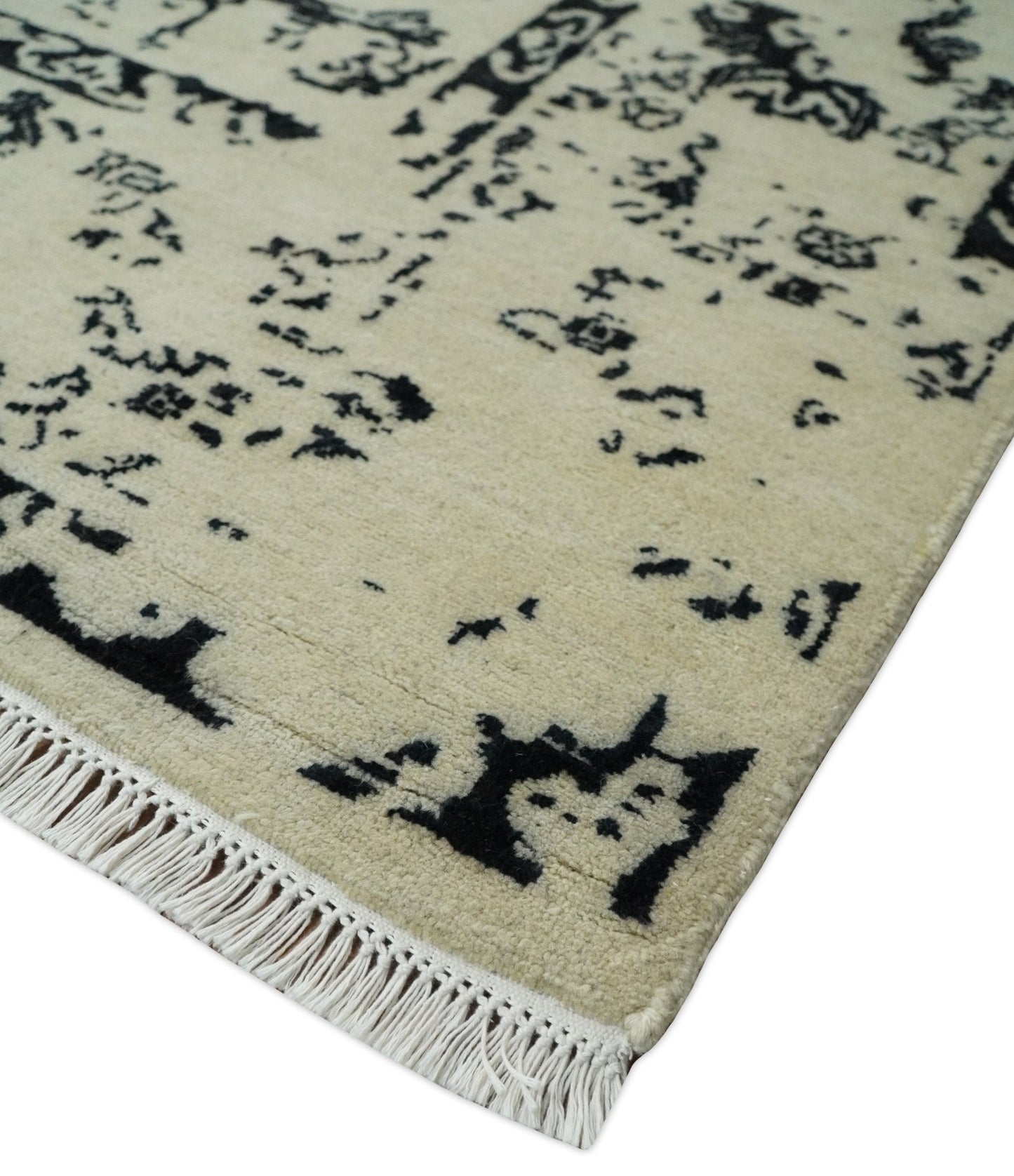8x10 Fine Hand Knotted Beige and Black Traditional Vintage Persian Antique Wool Rug | AGR35 - Nuvé