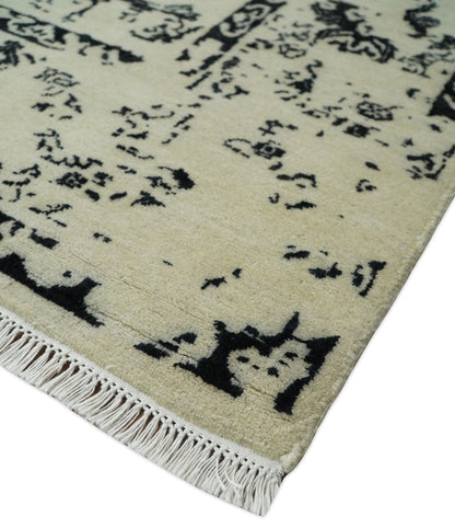 8x10 Fine Hand Knotted Beige and Black Traditional Vintage Persian Antique Wool Rug | AGR35 - Nuvé