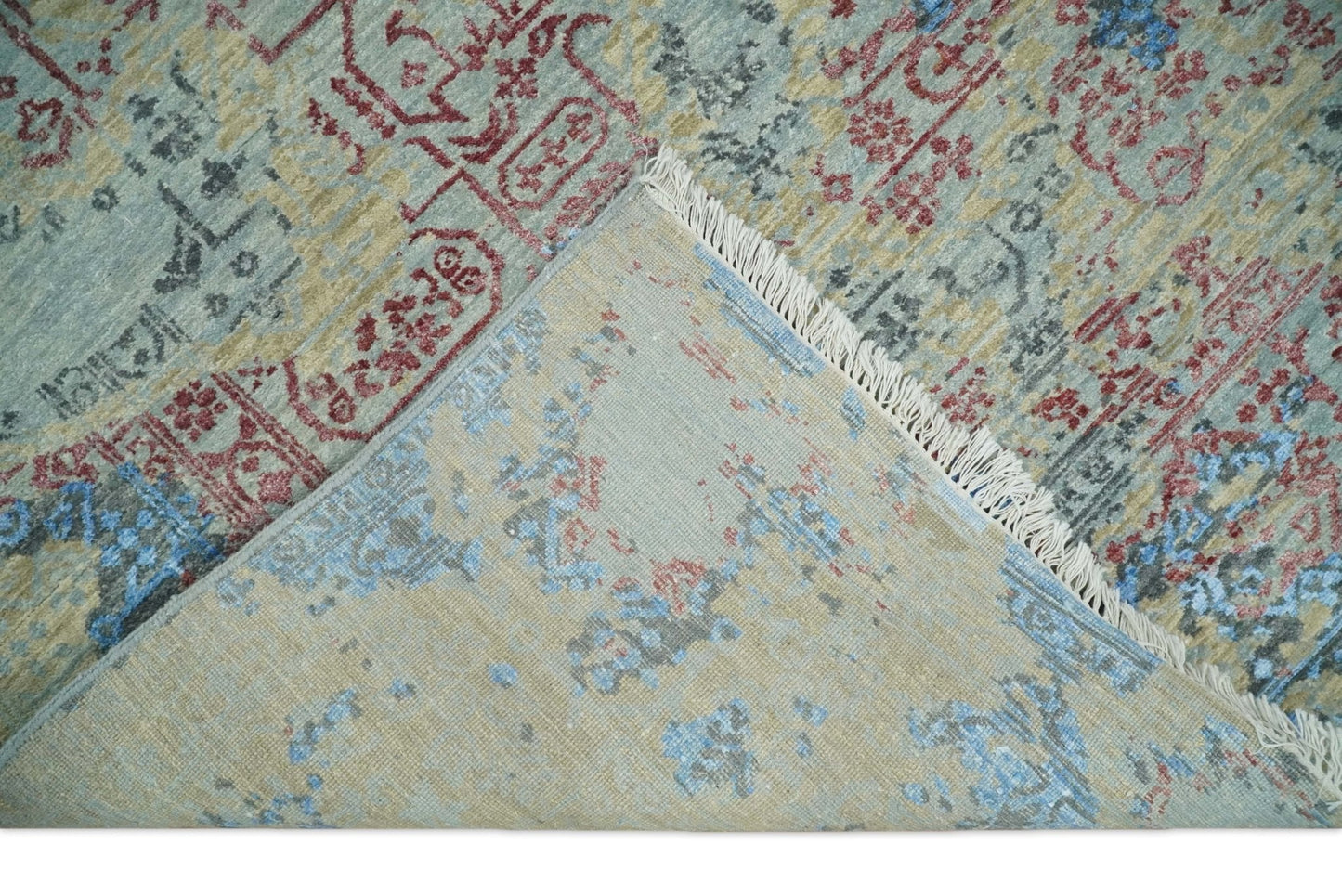 8x10 Fine Hand Knotted Beige and Blue Modern Abstract Style Antique Wool and Silk Area Rug | AGR37 - Nuvé