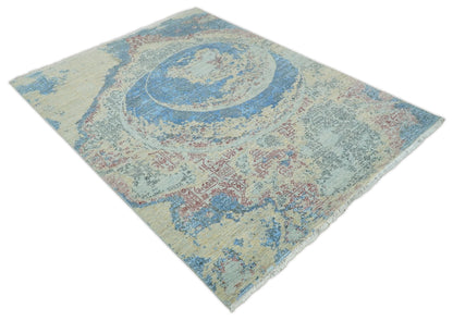 8x10 Fine Hand Knotted Beige and Blue Modern Abstract Style Antique Wool and Silk Area Rug | AGR37 - Nuvé