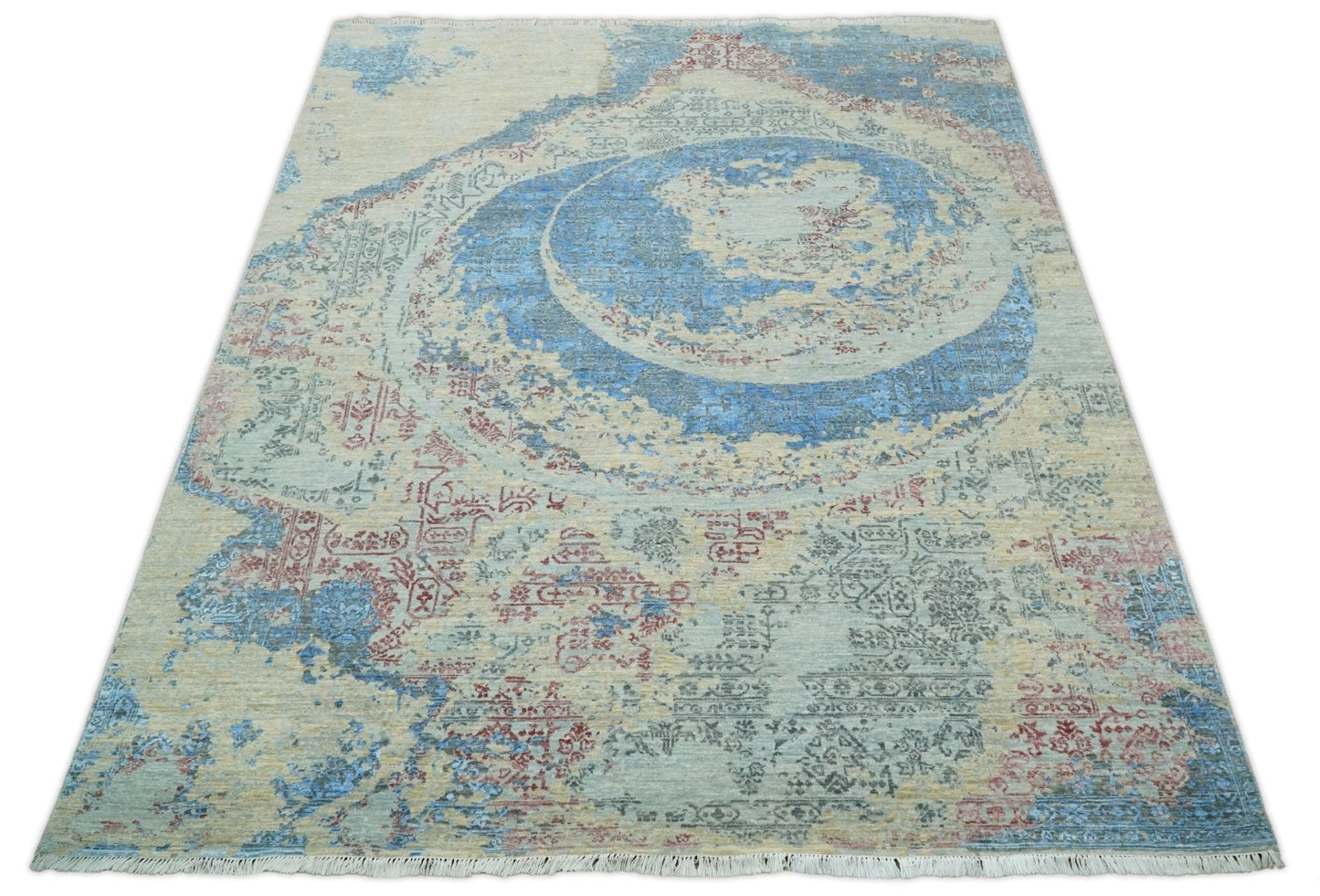 8x10 Fine Hand Knotted Beige and Blue Modern Abstract Style Antique Wool and Silk Area Rug | AGR37 - Nuvé